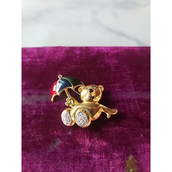 Vintage Rhinestone Teddy Bear With Umbrella Brooch - Picture 3 of 10